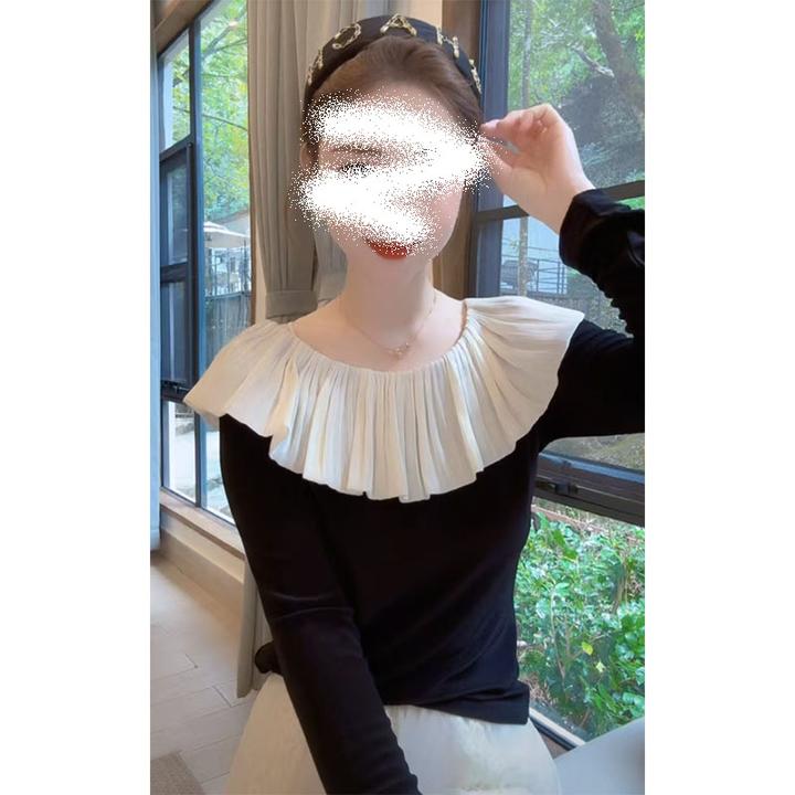 春季新款荷叶边拼接长袖T恤女气质名媛显瘦设计感圆领打底衫上衣