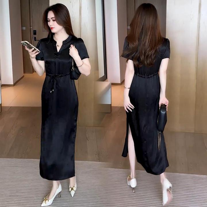 新中式国风连衣裙女2025夏季新款高级感盘扣改良版冰丝旗袍长裙子