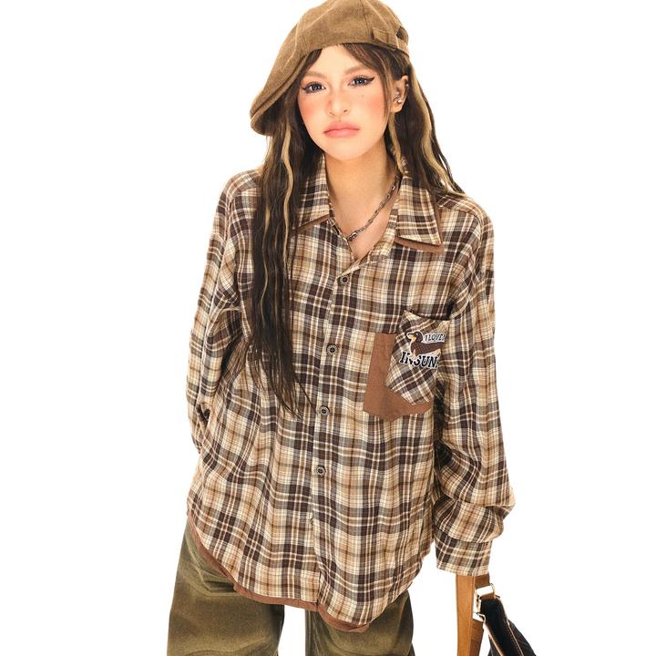 A1MP美式春秋季复古假两件格纹长袖衬衫男女款设计感宽松潮牌衬衣