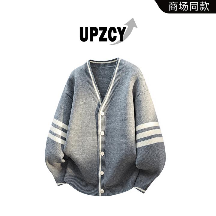 UPZCY美式休闲开衫毛衣男秋冬时尚条纹设计感针织上衣高级感男装