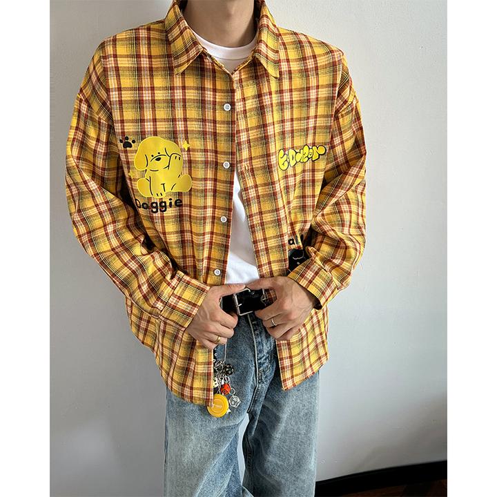 小狗印花黄格纹长袖衬衫男女秋季设计感上衣ins宽松慵懒衬衣外套