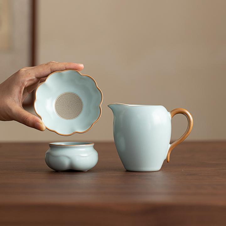 汝窑公道杯陶瓷分茶器茶漏一体功夫茶具配件家用茶海泡茶公杯茶具
