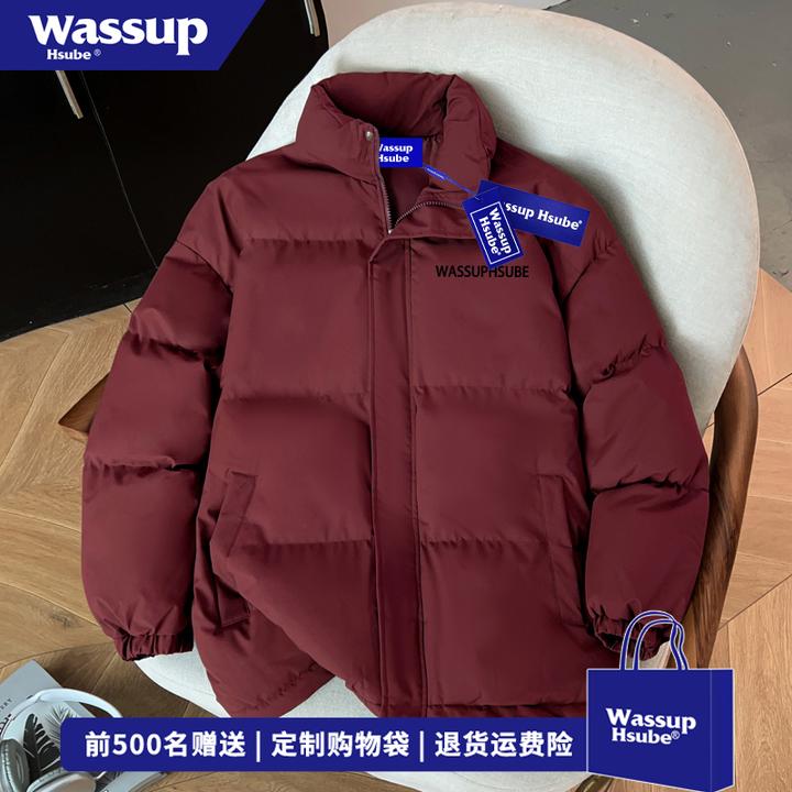 WASSUP HSUBE冬季宽松酒红色立领外套男美式原创字母棉服宽松外套