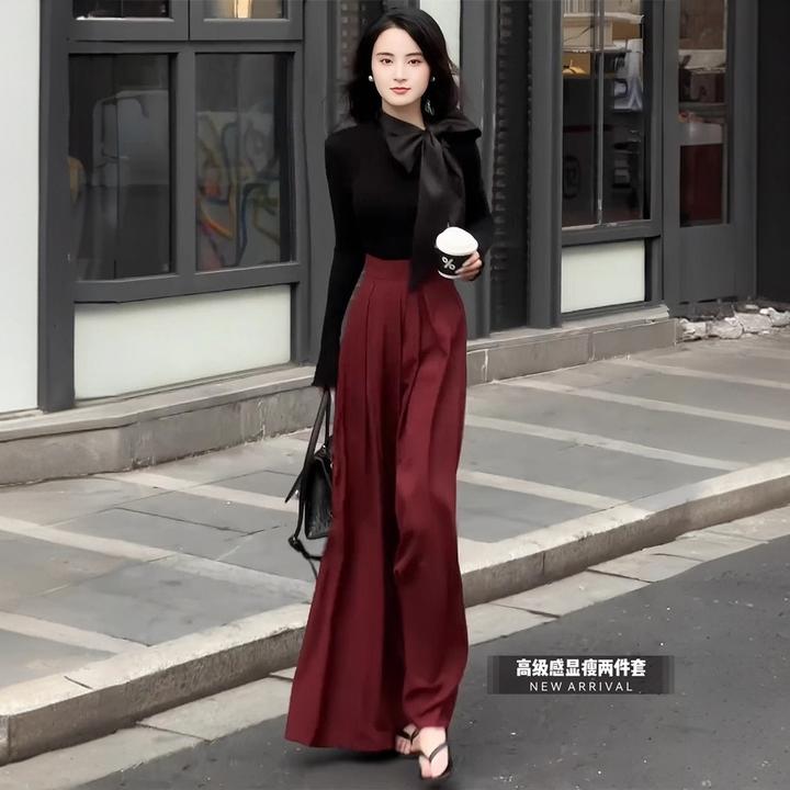 女神范时尚气质套装女春秋新款设计感蝴蝶结上衣高腰阔腿裤两件套