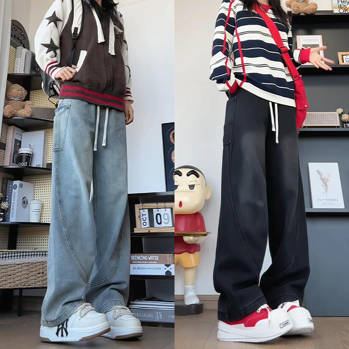 美式阔腿弯刀复古牛仔裤男女款秋冬季高街潮牌大码宽松加绒长裤子