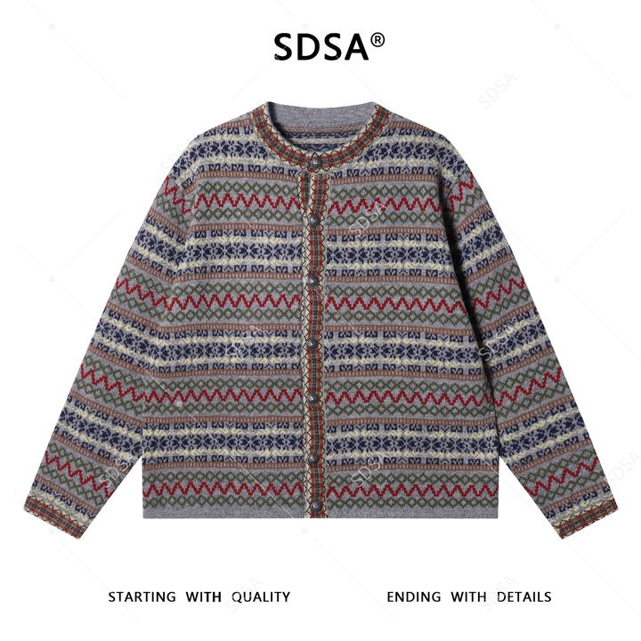 SDSA秋冬新款痞帅男装潮牌民族风提花条纹纽扣开衫圆领毛衣针织衫