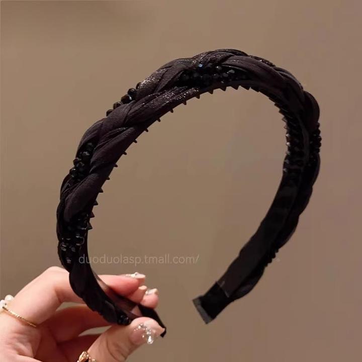 黑色麻花缠绕布艺水晶发箍女士防滑带齿压发洗脸发夹极简百搭发箍