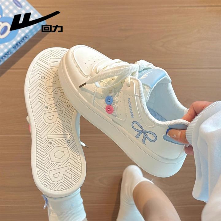 回力雾霾蓝小白鞋女鞋2025秋季新款透气休闲鞋厚底运动蝴蝶结板鞋