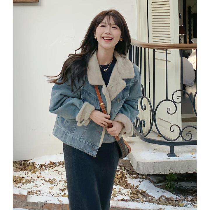 牛仔外套女冬加绒加厚新款2025蓝色复古秋冬短款小个子气质高级感