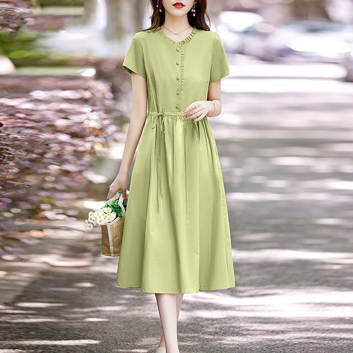 2025棉麻连衣裙女短袖中长款夏新款收腰显瘦中年妈妈气质夏日福利