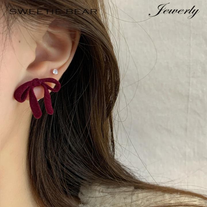 合金耳饰 TKXN•新年红色植绒蝴蝶结珍珠后缀耳环女银针显白