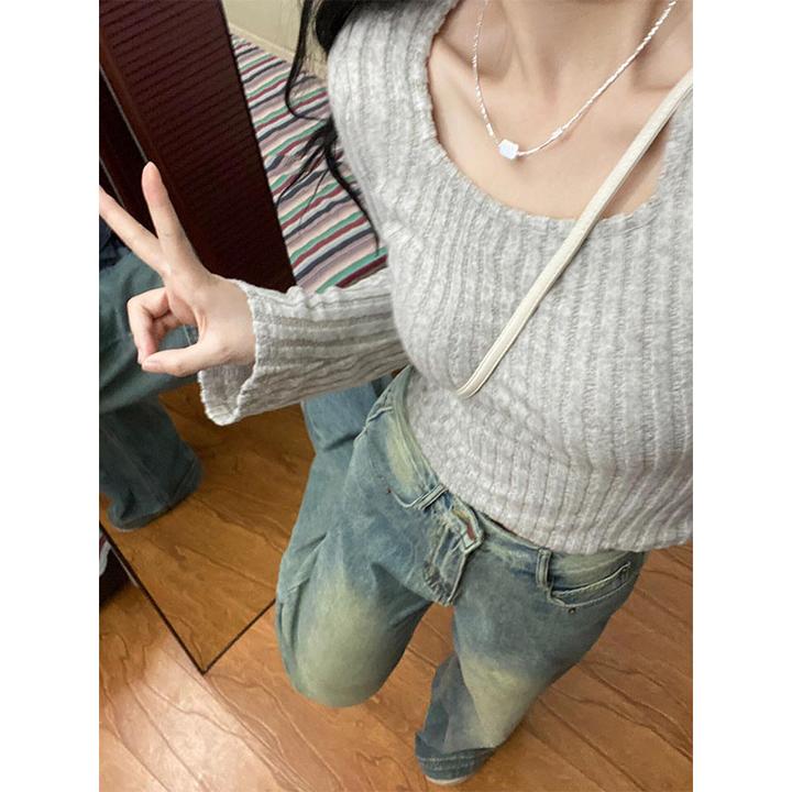 韩系方领长袖设计感新款喇叭袖打底修身显瘦辣妹秋冬气质短上衣潮