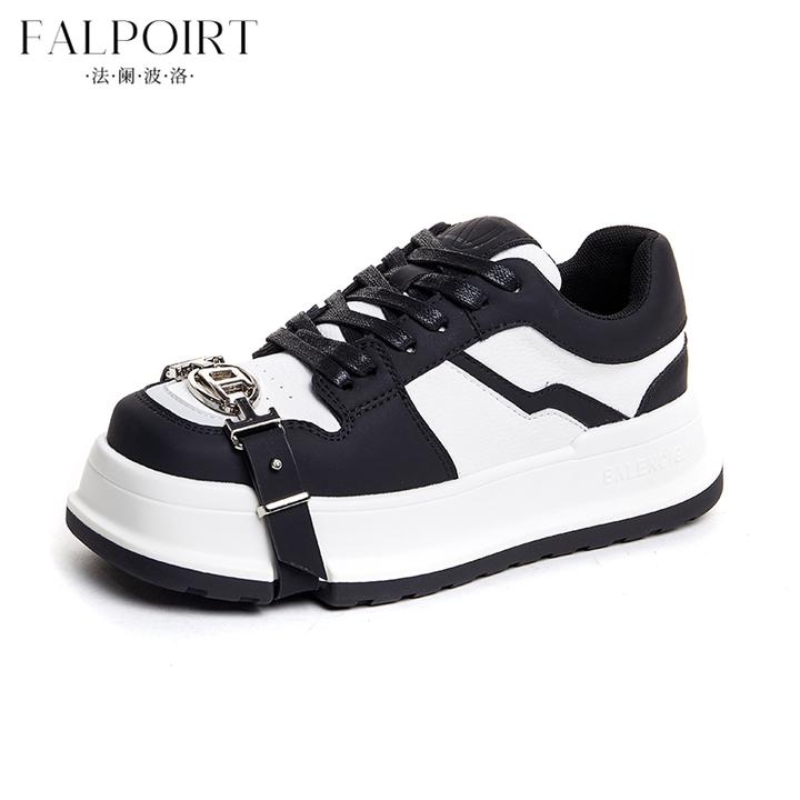 FALPOIRT【明星同款】方头时尚休闲板鞋女厚底增高扣带设计感小白鞋