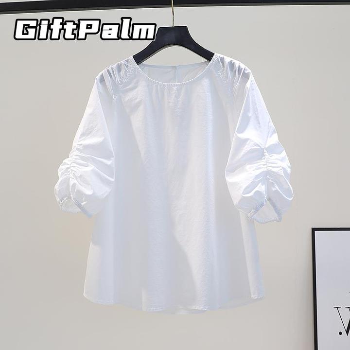 GiftPalm高端出口褶皱泡泡袖白色衬衫圆领套头宽松洋气百搭小衫女