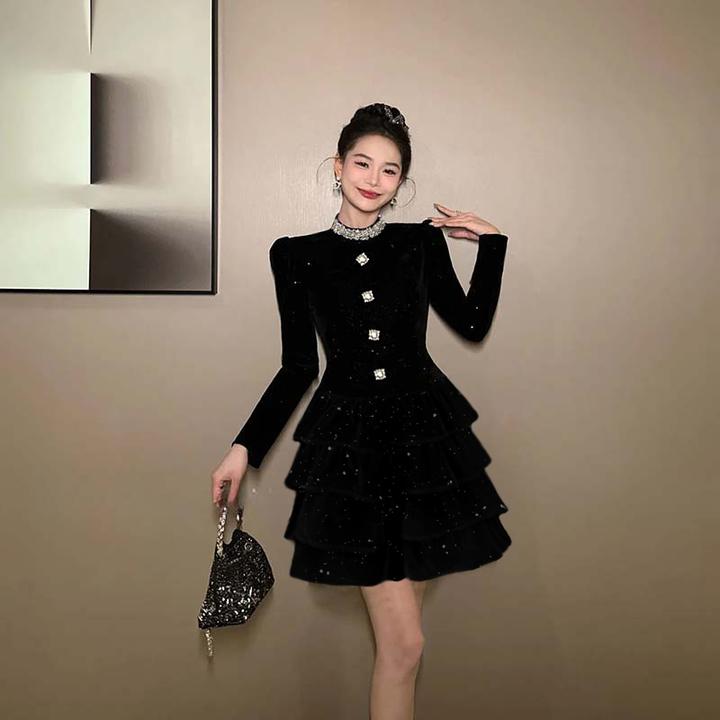 【V】时尚小黑裙赫本风修身设计感名媛气质收腰连衣裙JT0238