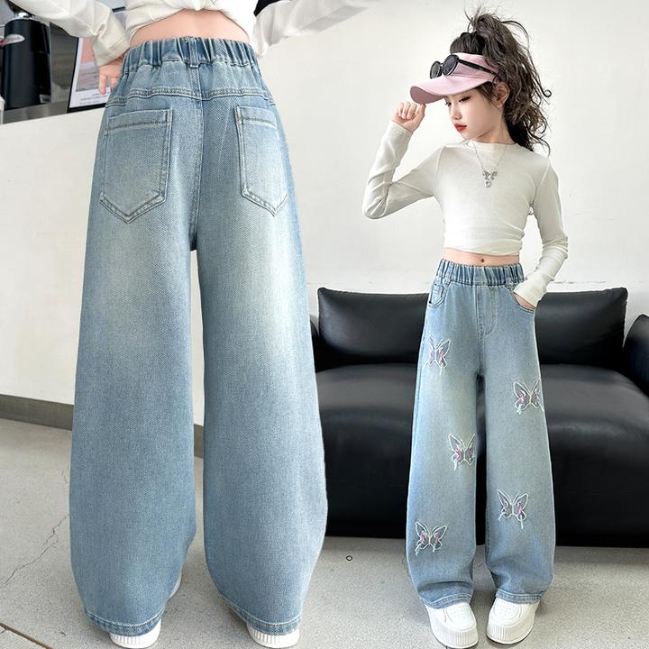 春秋女童牛仔裤时尚洋气刺绣儿童宽松阔腿裤薄款直筒休闲长裤潮款