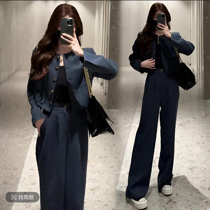 高级气质休闲圆领高腰阔腿裤牛仔风格小香套装女显瘦洋气秋季炸街