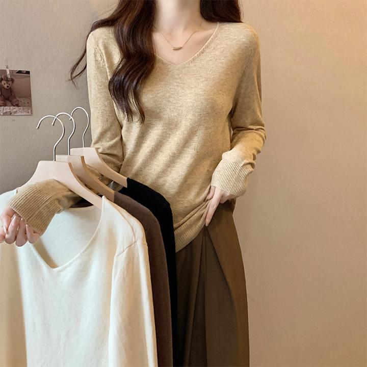 2025新款早春v领打底衫基础款长袖针织T恤宽松显瘦内搭甜辣妹上衣