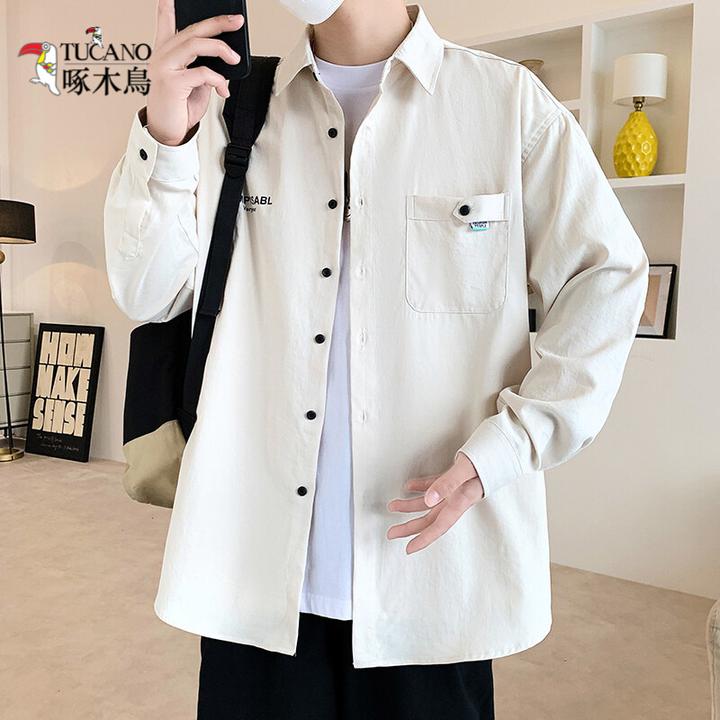 啄木鸟翻领长袖衬衫男春季新款宽松高级感潮牌休闲衬衣外套