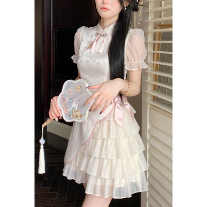 【2.9万人收藏】新中式蝴蝶结提花旗袍连衣裙女夏季2025新款收腰短