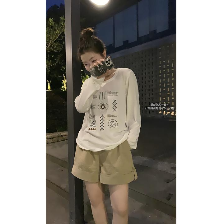 现货大婉酱微胖定制【记忆影象】几何印花T恤休闲长袖防晒上衣9726D