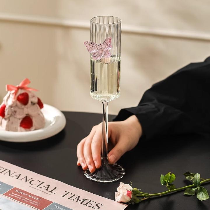 小众ins风粉色蝴蝶红酒香槟杯高颜值少女粉高脚玻璃杯果汁甜酒杯