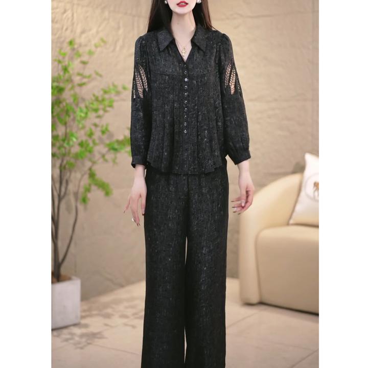 2025春季小个子妈妈装休闲套装女装时尚新款上衣阔腿裤两件套女