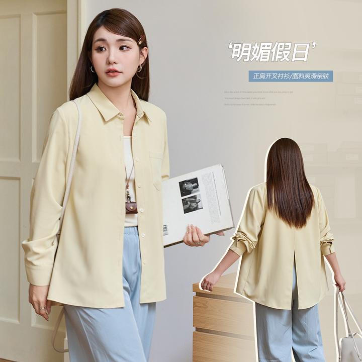 简约正肩宽松后背开叉衬衫女胖mm大码女装遮肉防晒翻领衬衣
