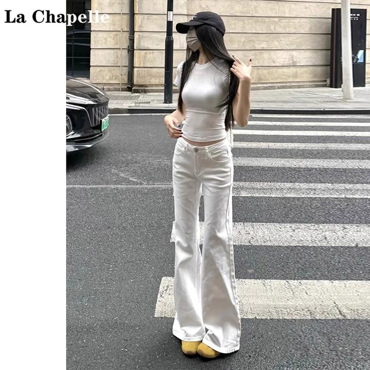 拉夏贝尔白色美式高腰微喇牛仔裤女2025秋季新款垂感拖地工装裤女