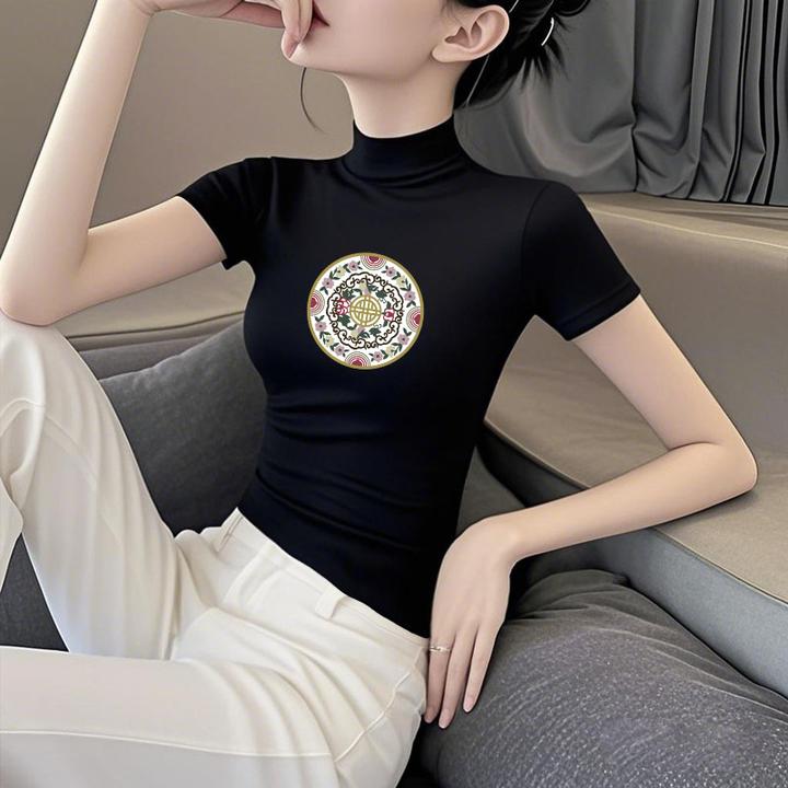 印花半高领打底衫女秋2025新款短袖面膜t恤女薄款莫代尔冰丝上衣