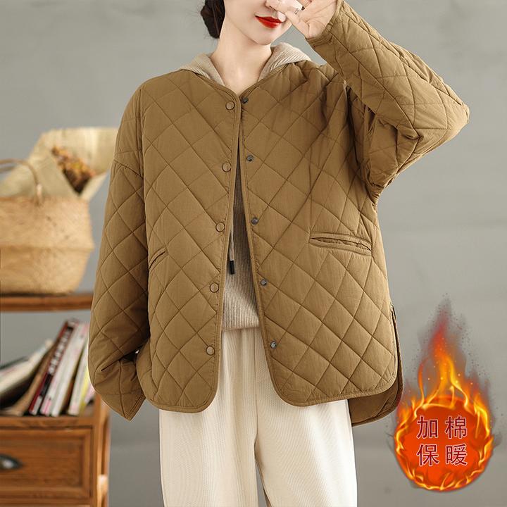 卡其色菱形长袖夹棉外套女式2025秋冬季新款韩版宽松保暖棉衣棉服