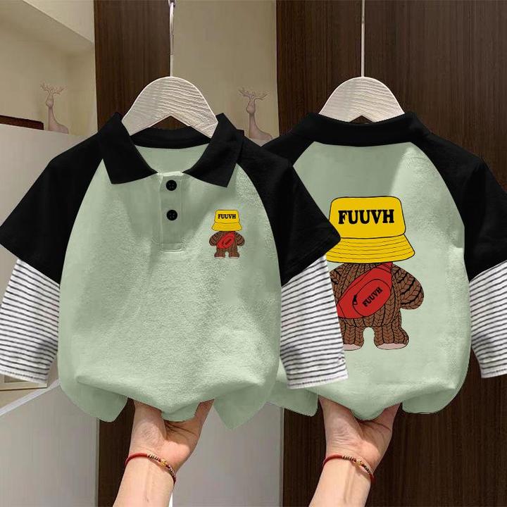 男童假两件POLO衫洋气儿童春秋季卡通印花长袖T恤春装时髦T恤打底