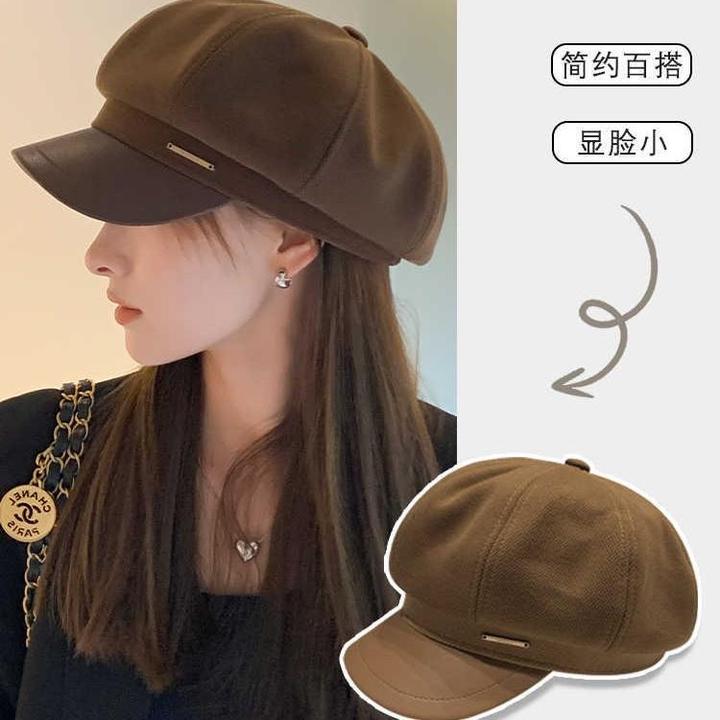 韩版新款金属标百搭贝雷帽休闲复古帽子女款大头围显脸小八角帽潮