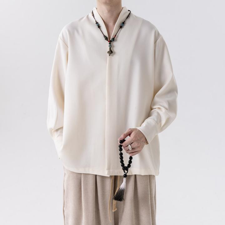 古风汉服男士秋季中国风太极服长袖衬衫大码宽松V领居士服衬衣潮