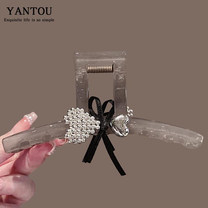 撞色珍珠爱心发夹韩版高级感气质抓夹后脑勺盘发鲨鱼夹头饰