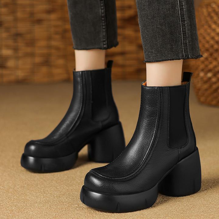 秋冬百搭粗跟切尔西靴子羊皮厚底增高短靴女圆头防水台高跟瘦瘦靴