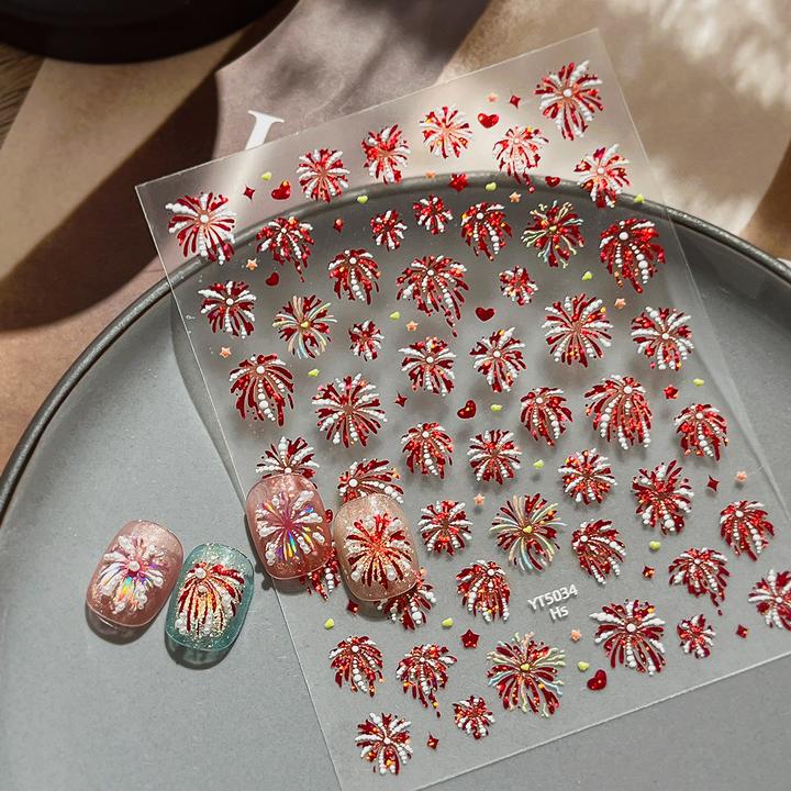 立体炫彩新年烟花美甲贴纸高级轻奢爆闪红色爆款装饰贴纸