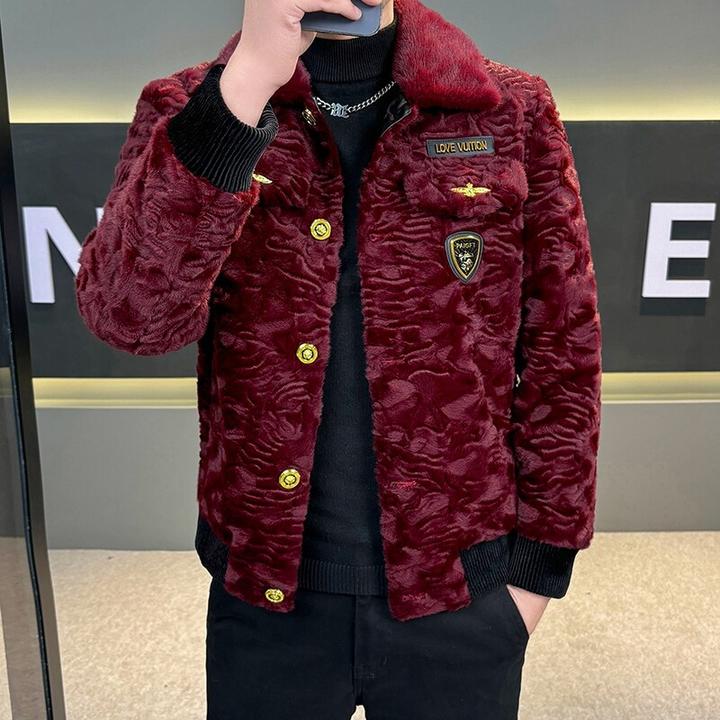 2025冬季男士新款轻奢休闲痞帅纯色翻领加棉保暖大金貂夹克外套