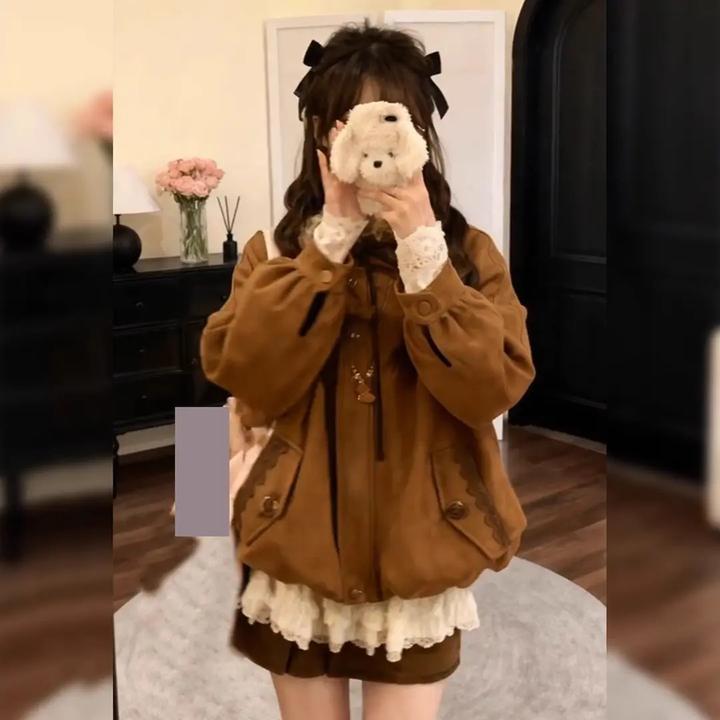 毛领宽松复古新款上衣秋冬设计感夹棉2025休闲风短外套咖色女加厚