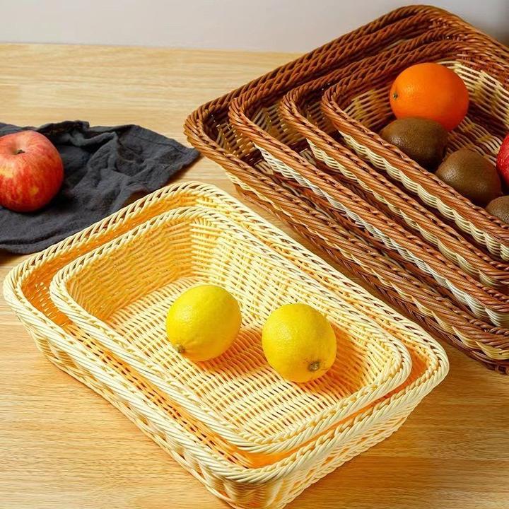 仿藤水果篮藤编展示蓝长方形面包陈列蔬菜篮子瓜果收纳塑料筐 htt