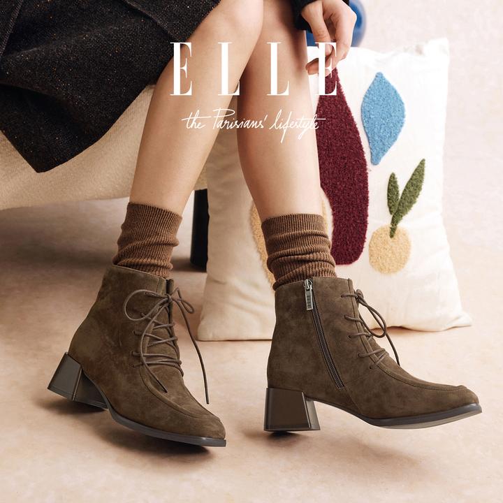 【琥珀流光风】ELLE栗子可可莫卡辛靴复古通勤时装靴羊绒面瘦瘦短靴