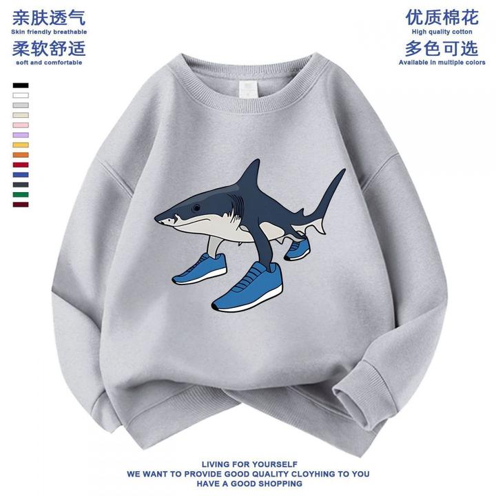 国外山海经儿童衣服圆领长袖春秋款板鞋鲨鱼男女童卫衣木棍人印花