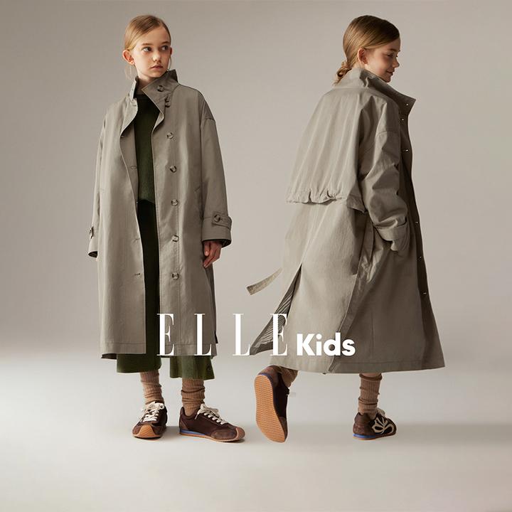 ELLE KIDS 复古立领长款风衣女童秋季新款宽松廓形文艺风外套F1