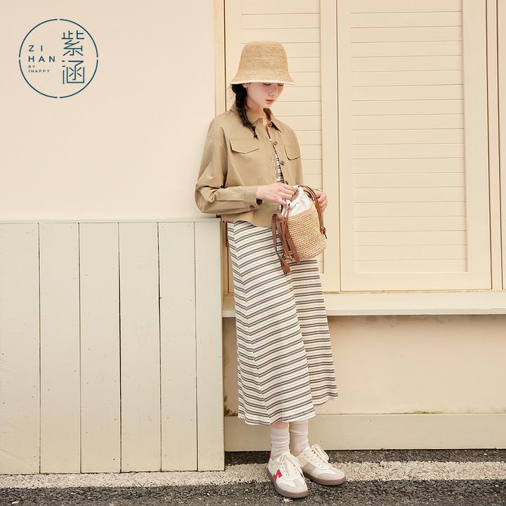 紫涵休闲通勤外套背心裙套装长款条纹连衣裙女两件套Z5Z01AN040