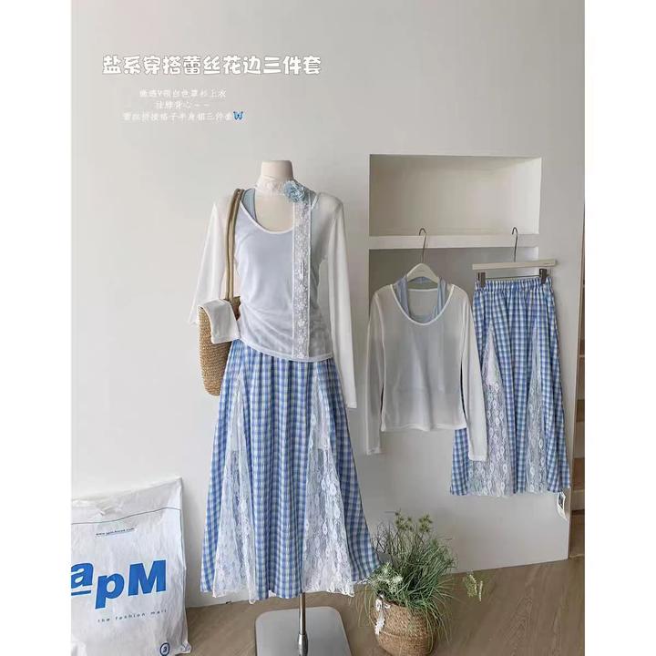 微透V领白色罩衫T恤挂脖背心套装春季蕾丝拼接格子半身裙三件套女