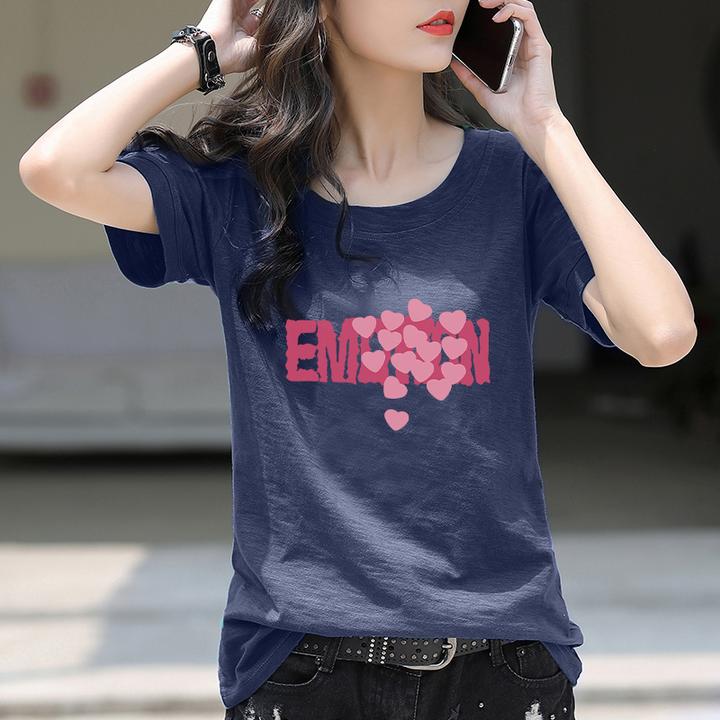 竹节棉圆领宽松纯棉短袖t恤女士夏季印花时尚韩版洋气显瘦女装潮