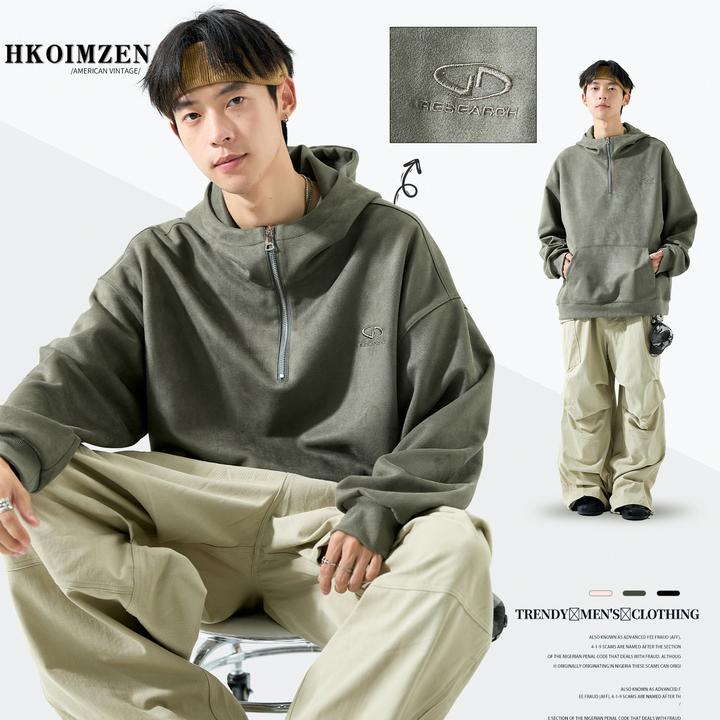 男款卫衣秋季2025新款美式麂皮绒情侣长袖爆款半拉链复古刺绣帽衫