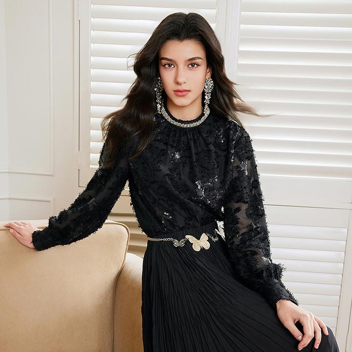 BADINA冬季气质时尚重工设计师款金丝绒雪纺衫661M019