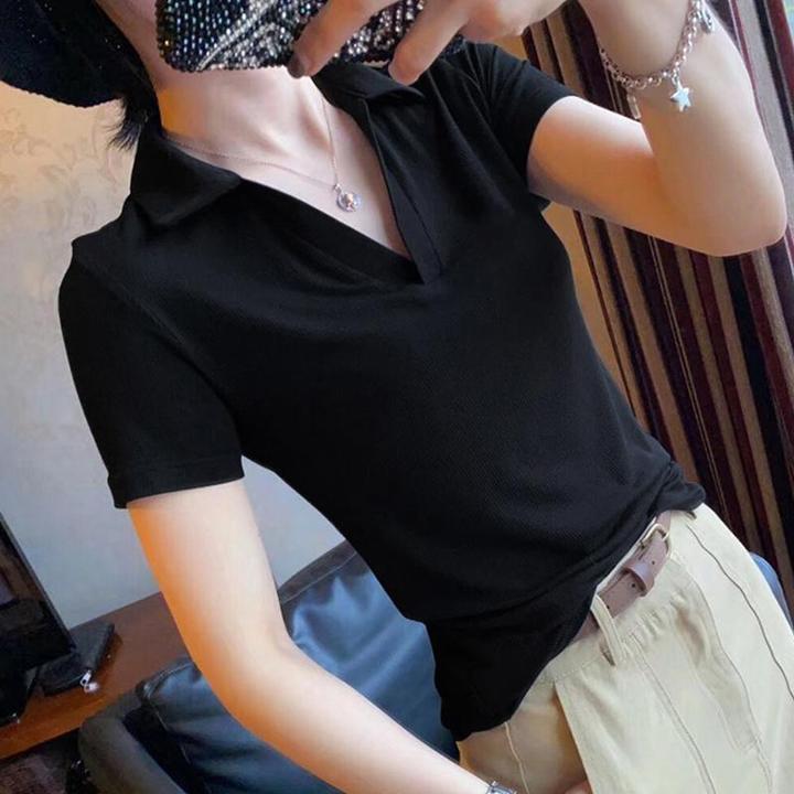 polo短袖t恤女2025夏季新修身体恤遮肉显瘦百搭黑色翻领半袖上衣