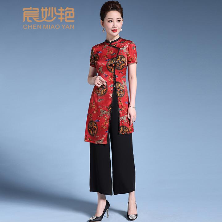 宸妙艳夏季新款桑蚕丝衬衣复古中国风时尚套装重磅真丝气质上衣
